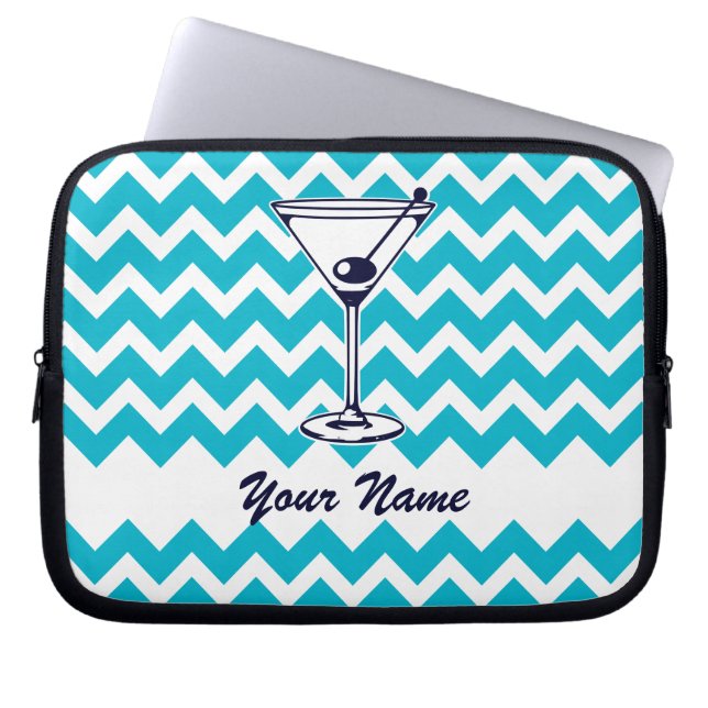 Martini Pictogram met Blauw Chevron Patroon Laptop Sleeve (Voorkant)