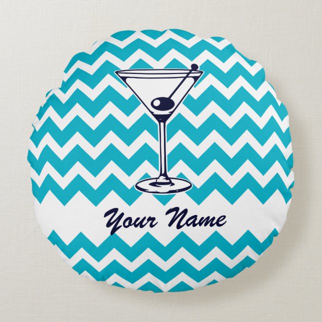 Martini Pictogram met Blauw Chevron Patroon Rond Kussen (Voorkant)