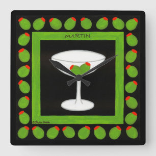 Martini Retro Drink groene olijven op zwart Vierkante Klok