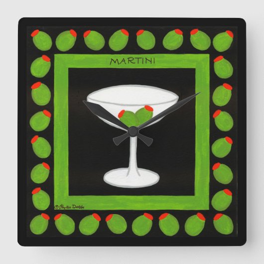 Martini Retro Drink groene olijven op zwart Vierkante Klok (Voorkant)