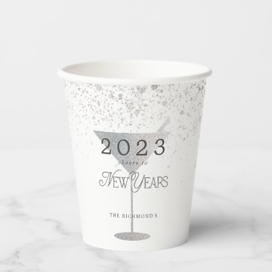 Martini Silver Glitter Nieuwjaar Wit Papieren Bekers (Voorkant)