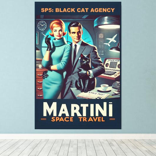 Martini Space Travel Poster SP5: Black Cat Agency Canvas Afdruk (Insitu (Houten vloer))