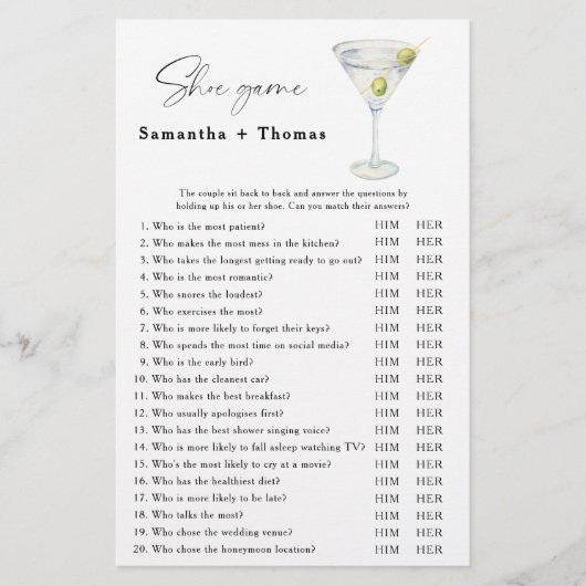 Martini vrijgezellenfeest Schoen spel (Voorkant)