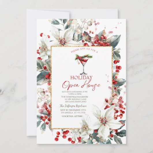 Martini White Poinsettia Holiday Open House Kaart (Voorkant)