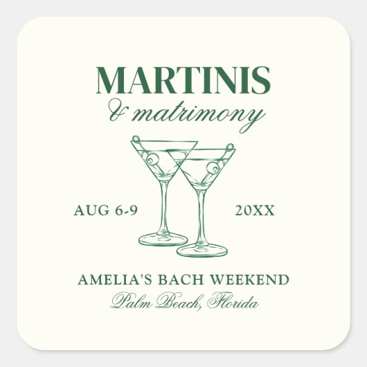Martinis & Huwelijk Bachelorette Weekend Vierkante Sticker (Voorkant)