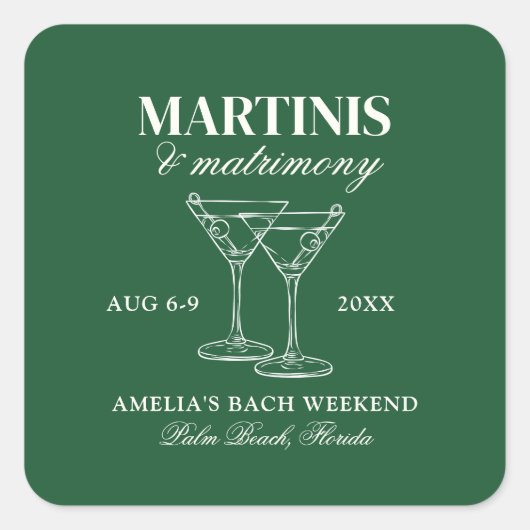 Martinis & Huwelijk Bachelorette Weekend Vierkante Sticker (Voorkant)