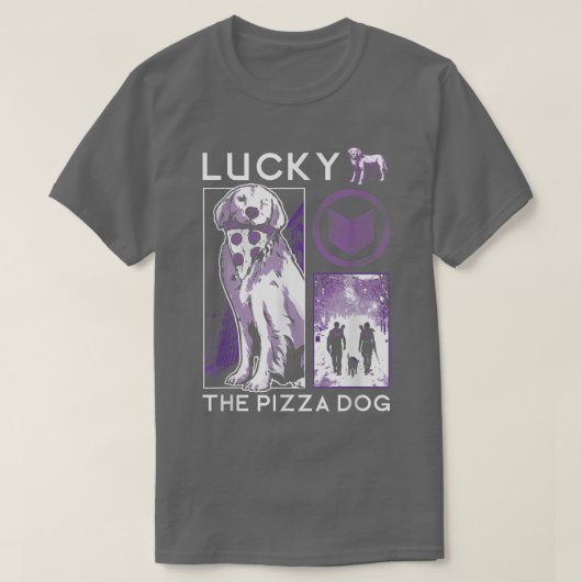 Marvel Hawkeye Lucky The Pizza Dog Paars Collage T-shirt (Design voorkant)