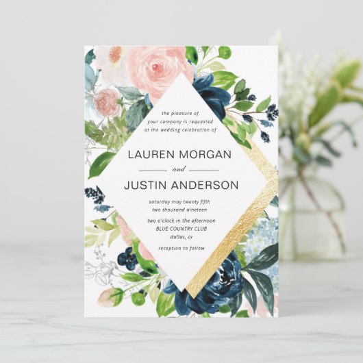 marvy blush floral gold border bruiloft uitnodigin kaart (Staand voorkant)