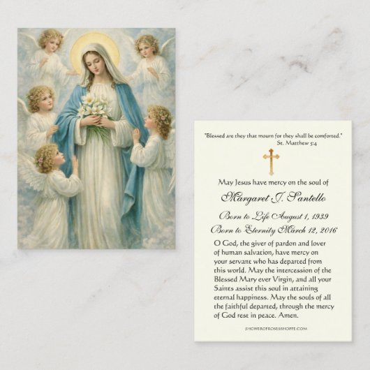 Mary Angels Catholic Funeral Memorial Holy Card - Visitekaartje (Voorkant / Achterkant)