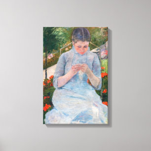 Mary Cassatt - Meisje dat naait in een tuin Canvas Afdruk