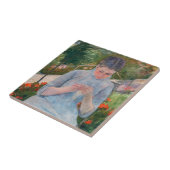 Mary Cassatt - Meisje naait in een tuin Tegeltje (Zijkant)