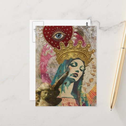 Mary en Engel Mixed Media Collage Briefkaart (Voorkant / Achterkant in situ)