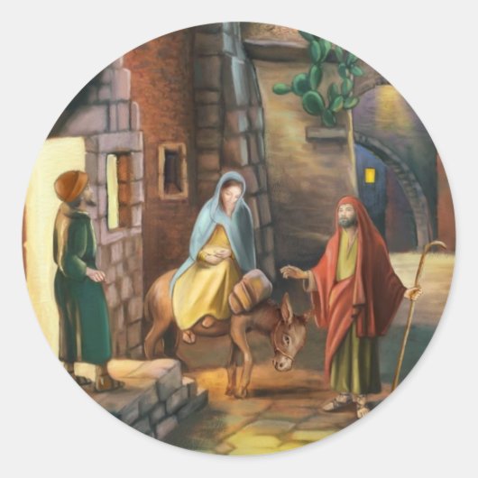 Mary en Joseph met een ezel op kerstavond Ronde Sticker (Voorkant)