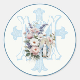 Mary Floral Monogram Marian Cross Religious Ronde Sticker