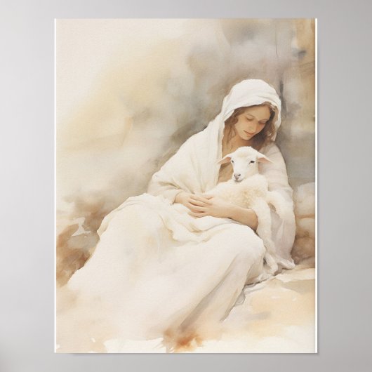 Mary Holding Lamb Waterverf Art Print (Voorkant)