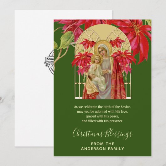 Mary Jesus Poinsettia, een religieuze kerstmaagd Feestdagenkaart (Voorkant / Achterkant)