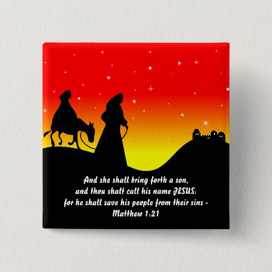Mary & Joseph, Bijbelscriptie Verse Vierkante Button 5,1 Cm (Voorkant)