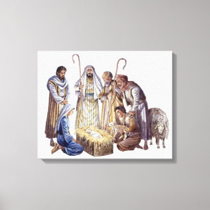 Mary, Joseph en herders rond baby Jesus Canvas Afdruk