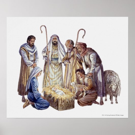 Mary, Joseph en herders rond baby Jesus Poster (Voorkant)