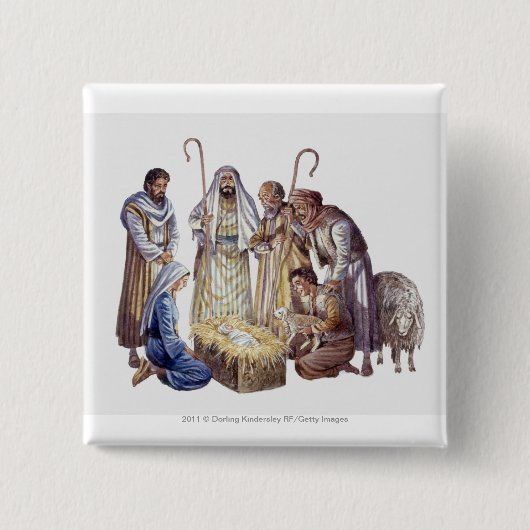 Mary, Joseph en herders rond baby Jesus Vierkante Button 5,1 Cm (Voorkant)
