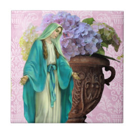 Mary met bloemen op roze achtergrond tegeltje