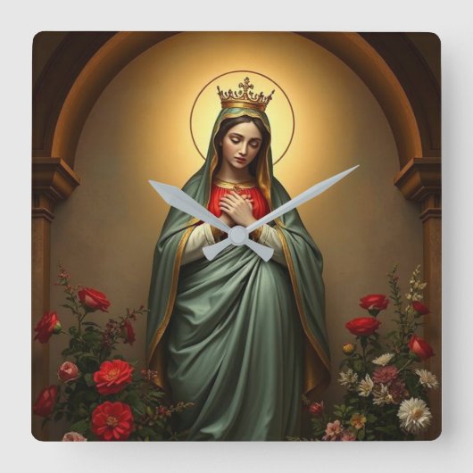 Mary Queen of Heaven Catholic Wall Clock Vierkante Klok (Voorkant)