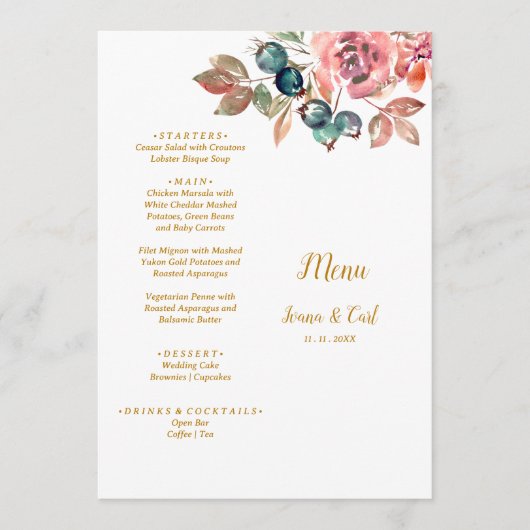 MARY Waterverf Roos Smaragd Groene Bruiloft Menu (Voorkant)