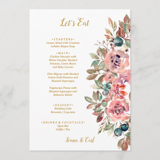 MARY Waterverf Roos Smaragd Groene Bruiloft Menu (Voorkant)