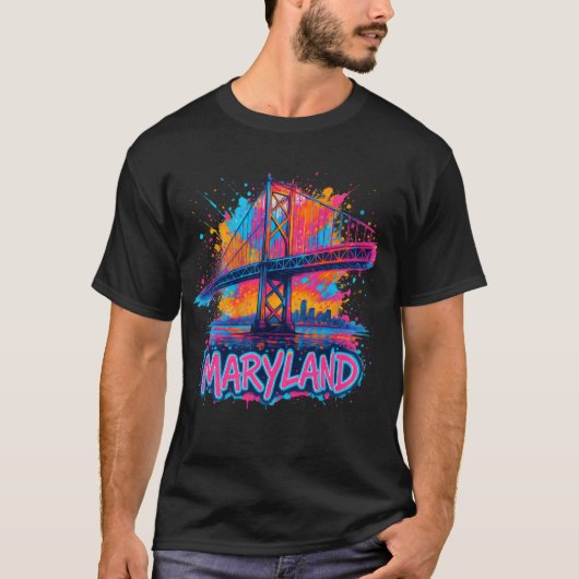 Maryland Bridge Waterverf Urban Souvenir Art T-shirt (Voorkant)