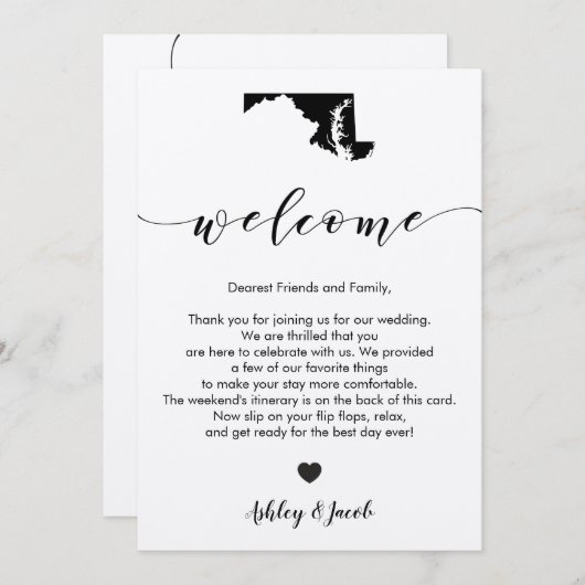Maryland bruiloft welkomstbrief en reisschema Kaar Programmakaart (Voorkant / Achterkant)