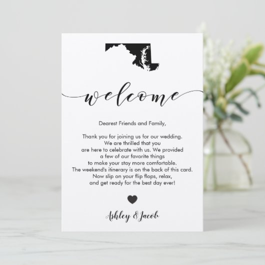 Maryland bruiloft welkomstbrief en reisschema Kaar Programmakaart (Staand voorkant)