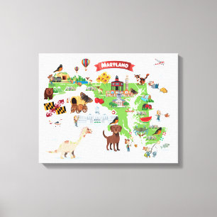 Maryland Cartoon Map Canvas Afdruk