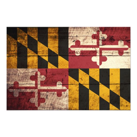 Maryland State Flag op Old Wood Grain Foto Afdruk (Voorkant)