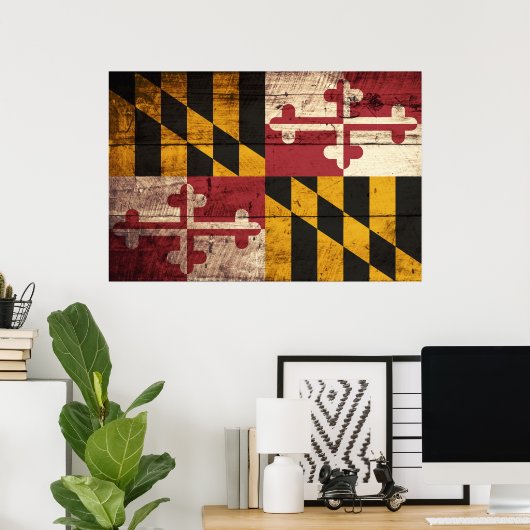 Maryland State Flag op Old Wood Grain Poster (Thuiskantoor)