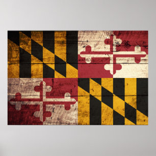 Maryland State Flag op Old Wood Grain Poster
