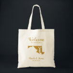 Maryland State Map Wedding Welcome Bag Tas, Gold Tote Bag<br><div class="desc">Het weekend van de bruiloft heet cadeautas voor gasten uit de stad voor je bruiloft,  met afbeelding van Maryland,  met hart dat je op de precieze locatie kunt plaatsen. Vul tas met je favoriete godies.</div>