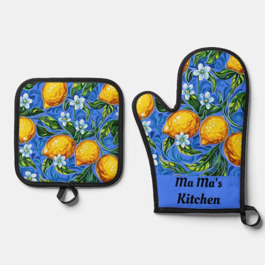 Ma's Keuken blauw en geel Ovenwant & Pannenlap Set (Voorkant)