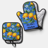 Ma's Keuken blauw en geel Ovenwant & Pannenlap Set (Voorkant / Achterkant)