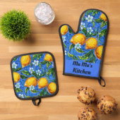 Ma's Keuken blauw en geel Ovenwant & Pannenlap Set (Top down)