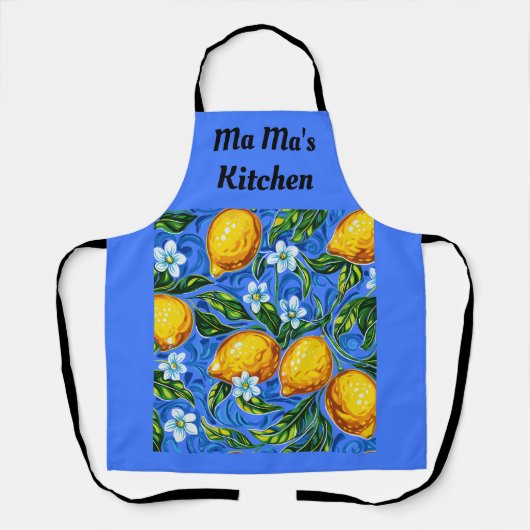 Ma's Keuken blauw en geel Schort (Voorkant)