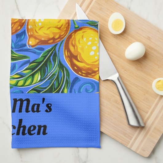 Ma's Keuken blauw en geel Theedoek (Quarter Fold)