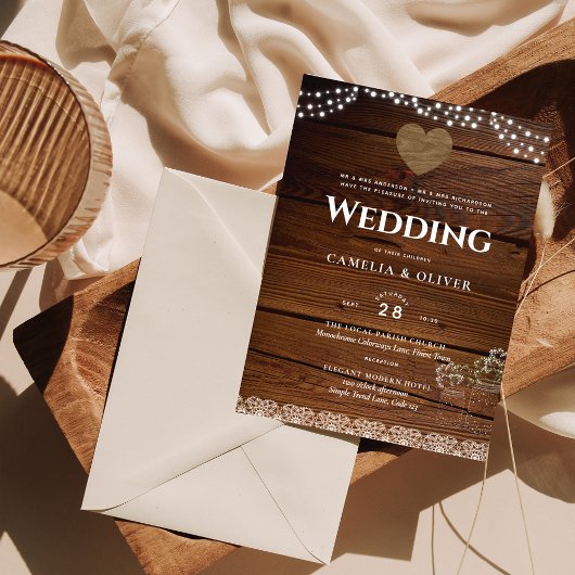 Masars Wedding Invite Rustic Wood Lace Budget