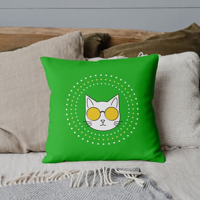 Mascotte Kat Zonnebril Geel Wit Stippen Op Limegro Kussen (Creator heeft geüpload)