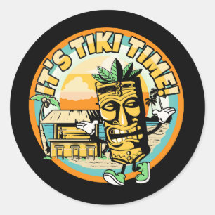 mascotte-tiki-met-strand-bar-it039s-tiki-tijd ronde sticker