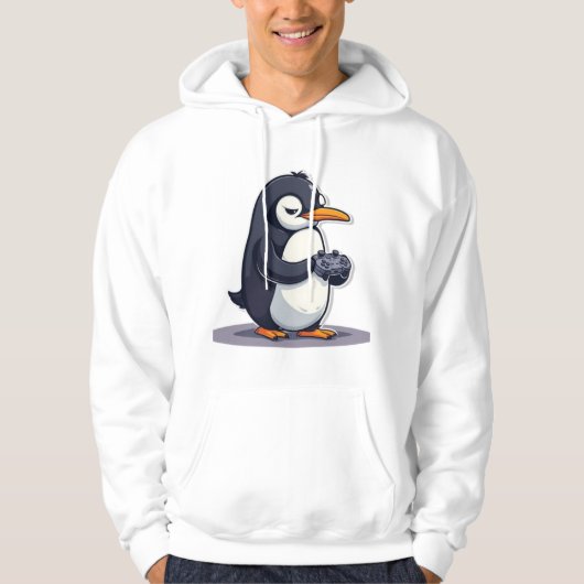 Mascotte van pinguïn-gamer met dode blik hoodie (Voorkant)