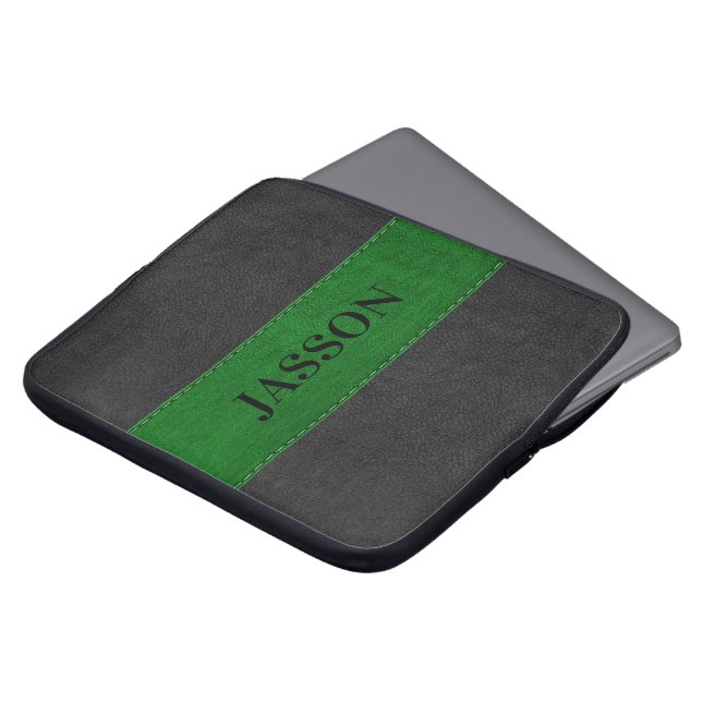 Masculinair zwart en groen kunstleder laptop sleeve (Voorkant top)