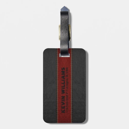 Masculinair zwart en rood  leder afdrukken bagagelabel (Achterkant verticaal)