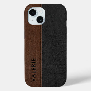 Masculine Black & Brown  Faux Leather Hoesje- iPhone 15 Case