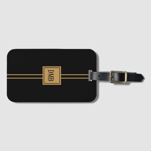 Masculine Black en Gold Monogram Bagagelabel (Voorkant (horizontaal))