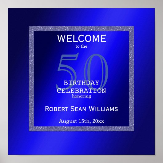 Masculine Blue en Glitter Lijst 50th Birthday Poster (Voorkant)